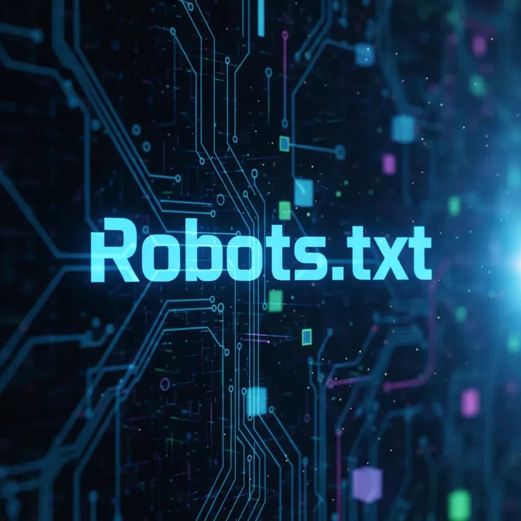 Imagem com visual tecnológico e o texto ‘Robots.txt’ em destaque, representando configuração técnica do arquivo.