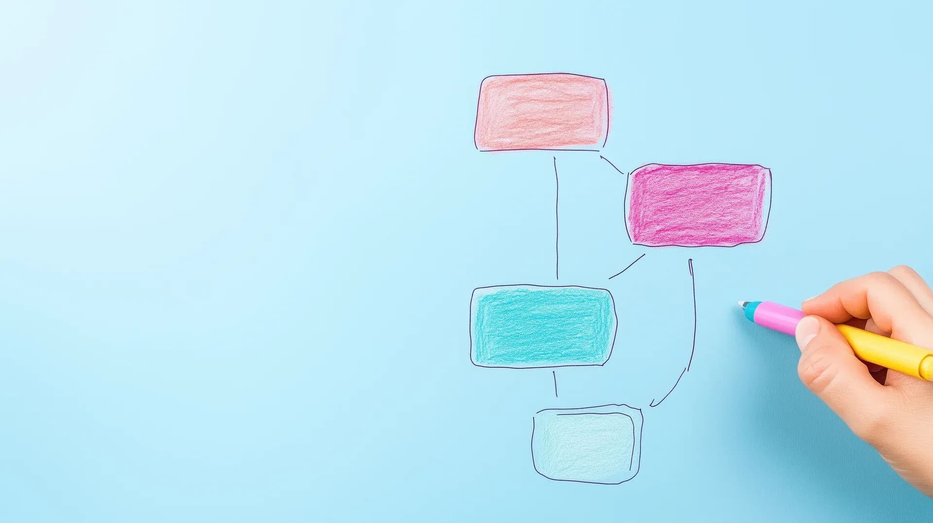 Diagrama desenhado à mão mostrando fluxo de dados com caixas coloridas conectadas por setas, representando estrutura de schema ou processo
