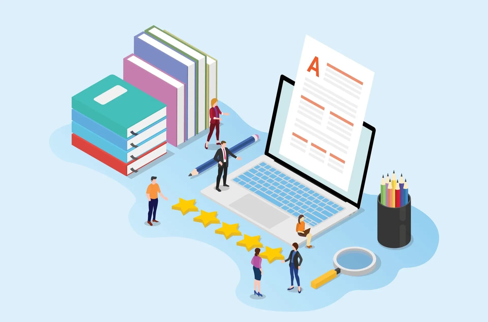 Ilustração de edição de conteúdo com laptop, livros e avaliação por estrelas