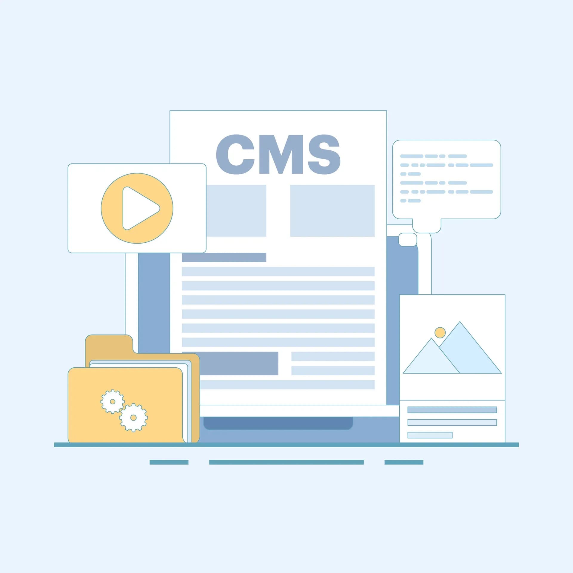 Interface de CMS ilustrada, com elementos de mídia e conteúdo