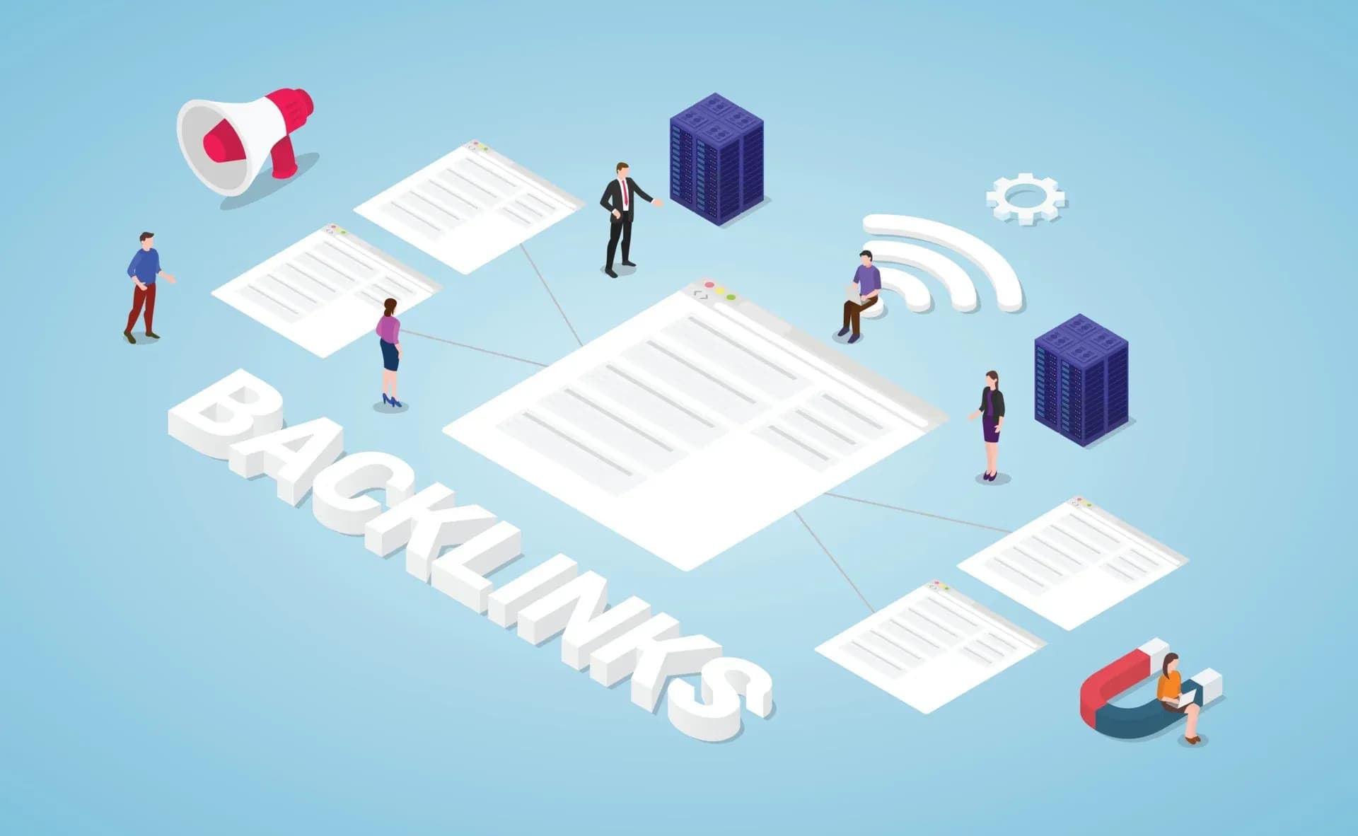 Ilustração de backlinks conectando páginas, servidores e usuários em rede digital