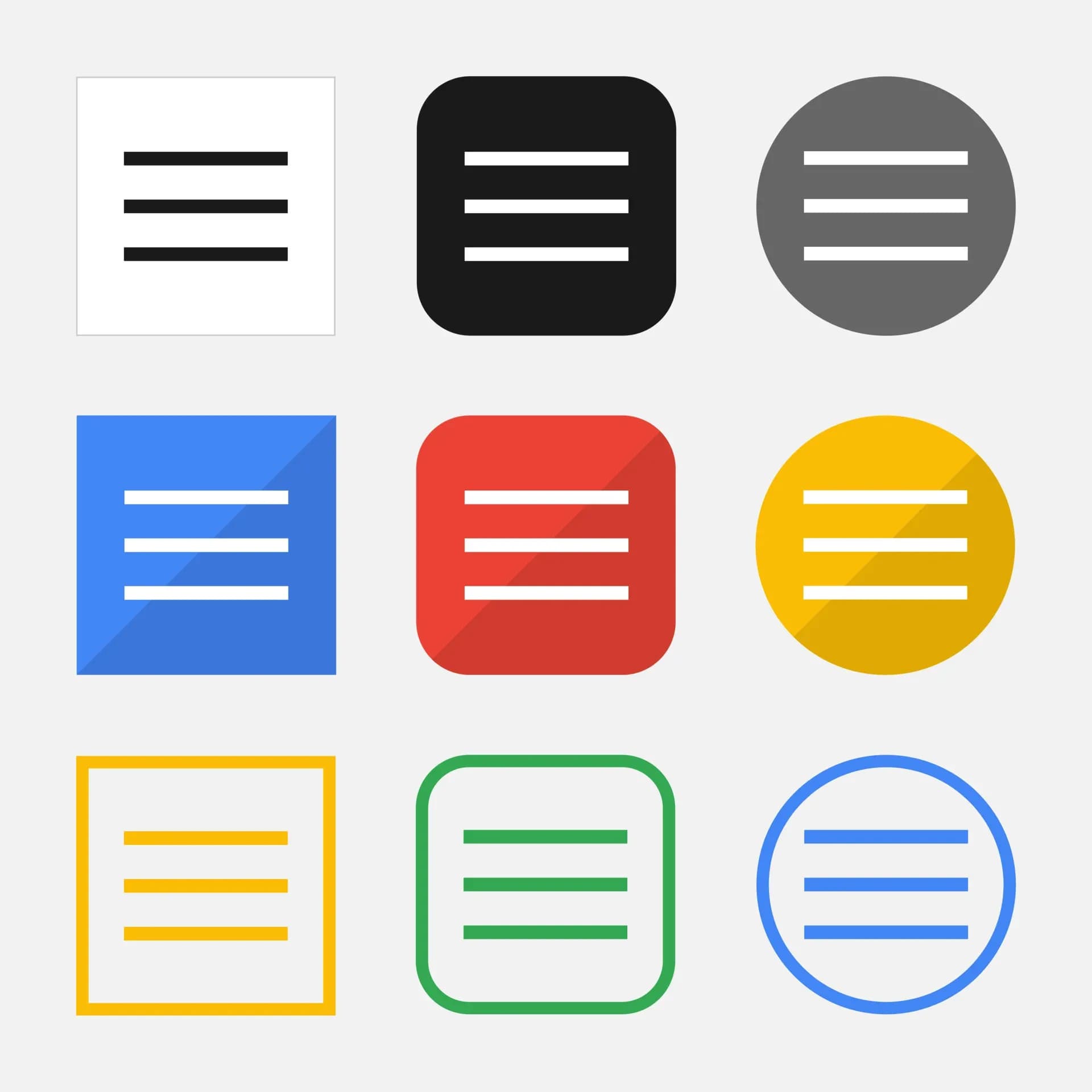 Conjunto de ícones de menu em diferentes formas, cores e estilos visuais
