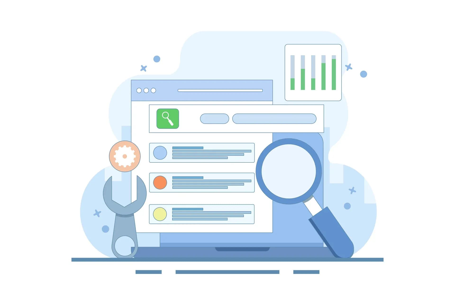 Ilustração de otimização técnica de SEO com lupa, engrenagem e página de resultados em um navegador
