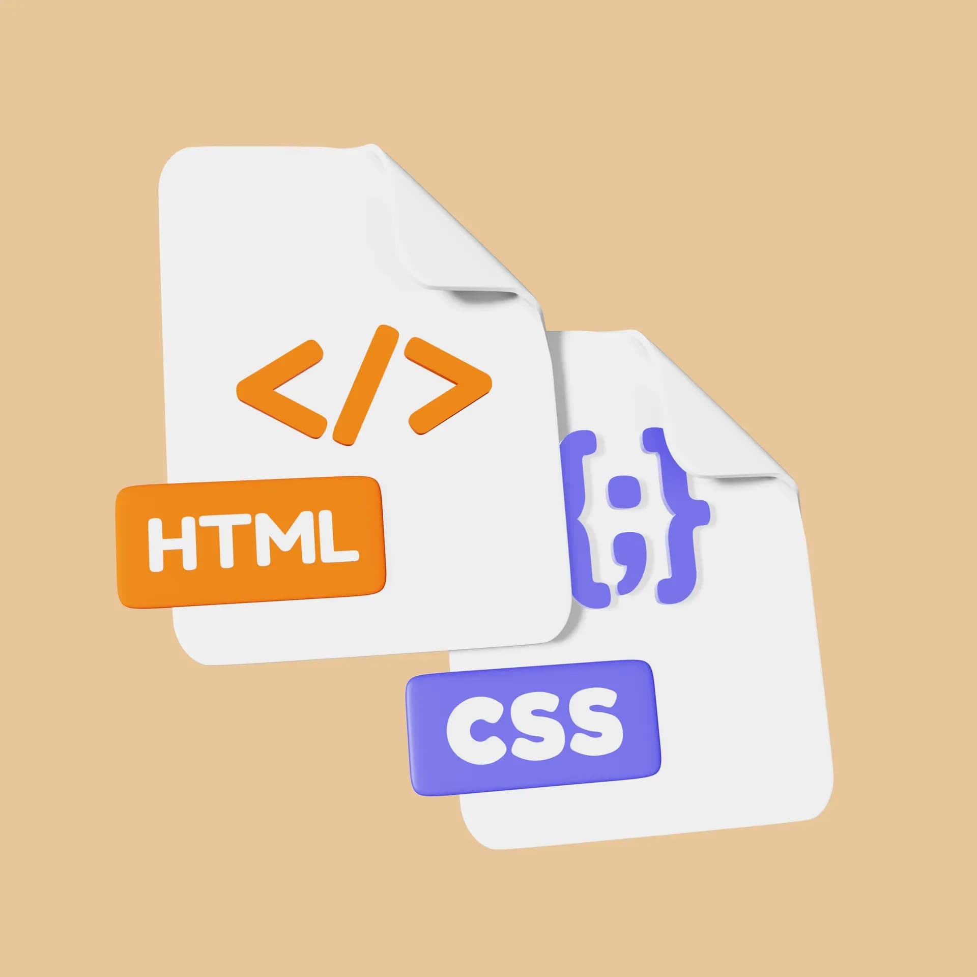 Ilustração de duas folhas com símbolos de HTML e CSS lado a lado, sobre fundo levemente alaranjado