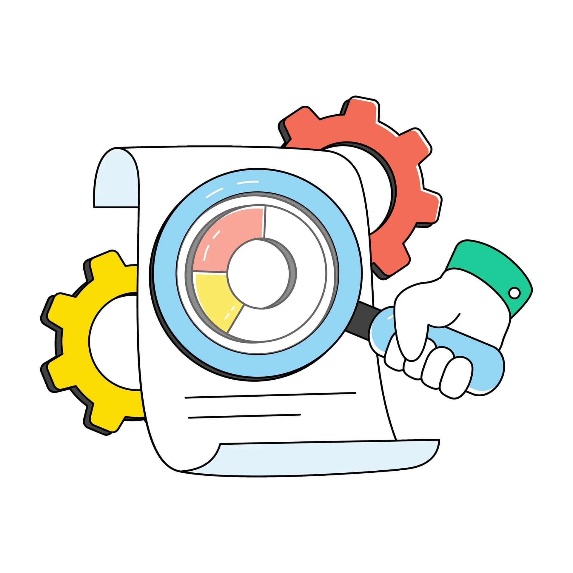 Relatório sendo analisado com lupa e engrenagens