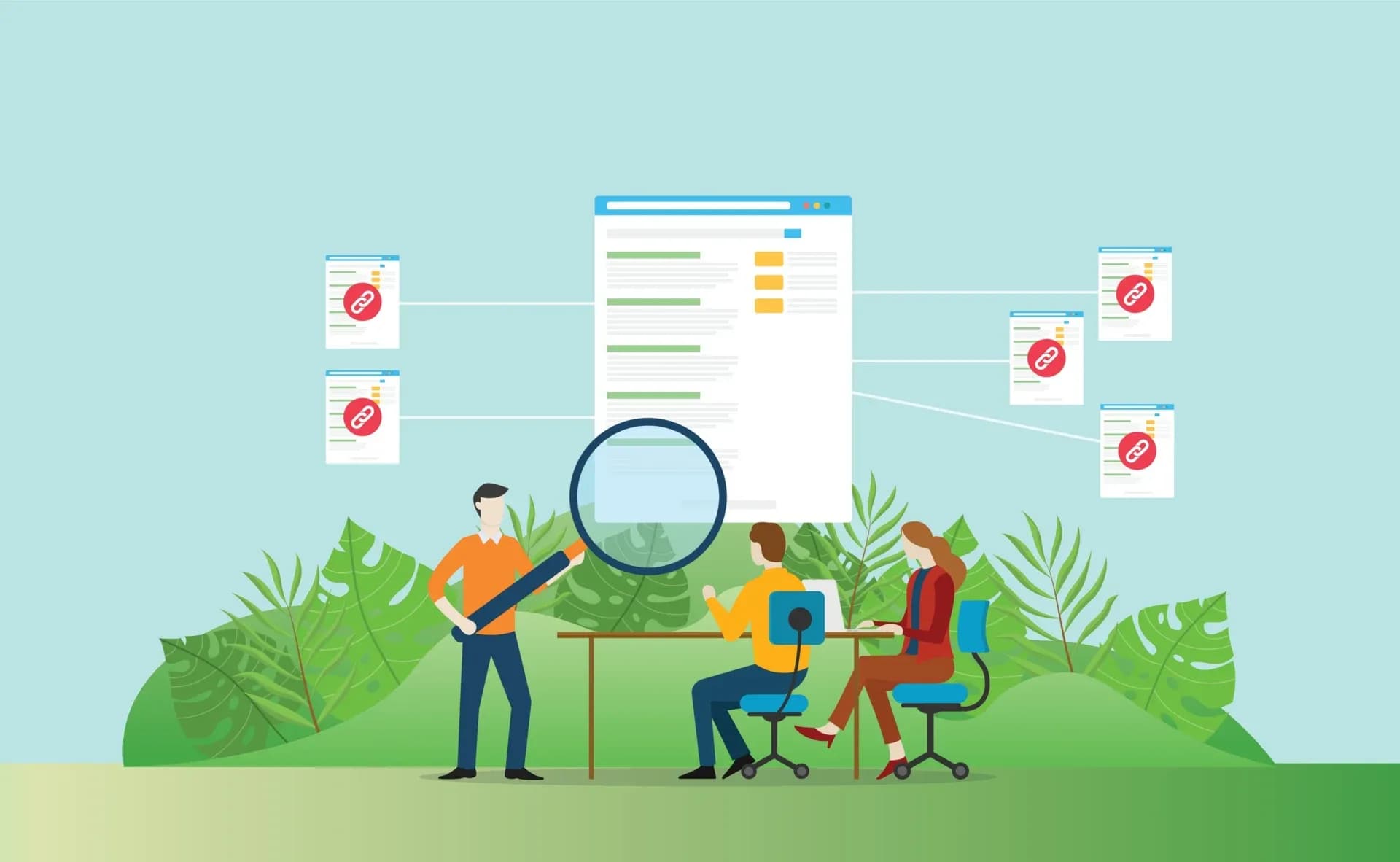 Ilustração de análise de backlinks com página central, links externos e lupa em destaque
