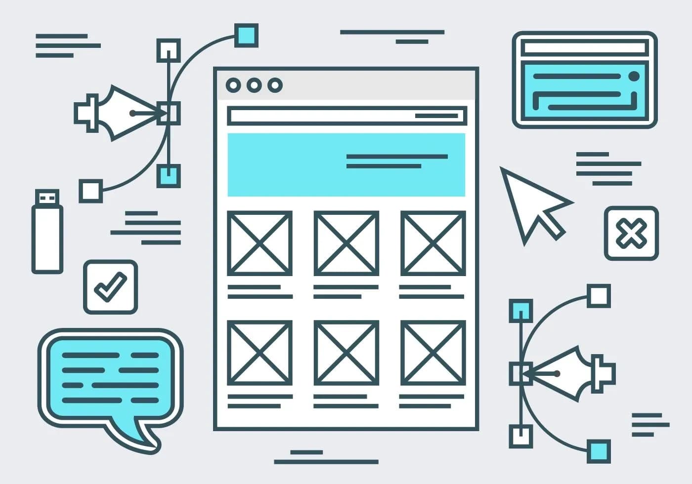 Ilustração vetorial de layout de página com janela de navegador, placeholders e ícones de design web