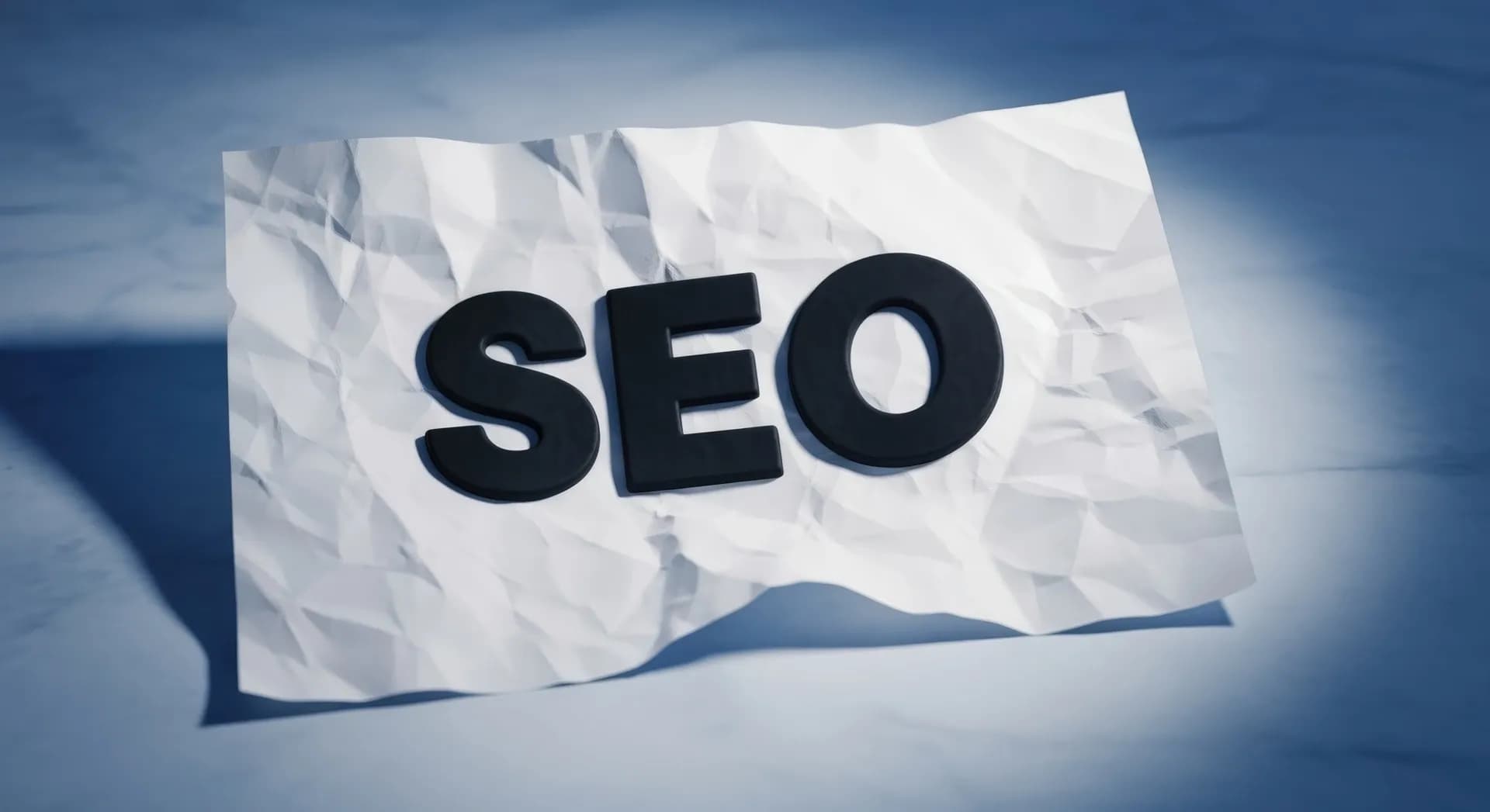 Letras 3D “SEO” sobre papel amassado, com luz direcional e fundo escuro, ilustrando otimização para mecanismos de busca