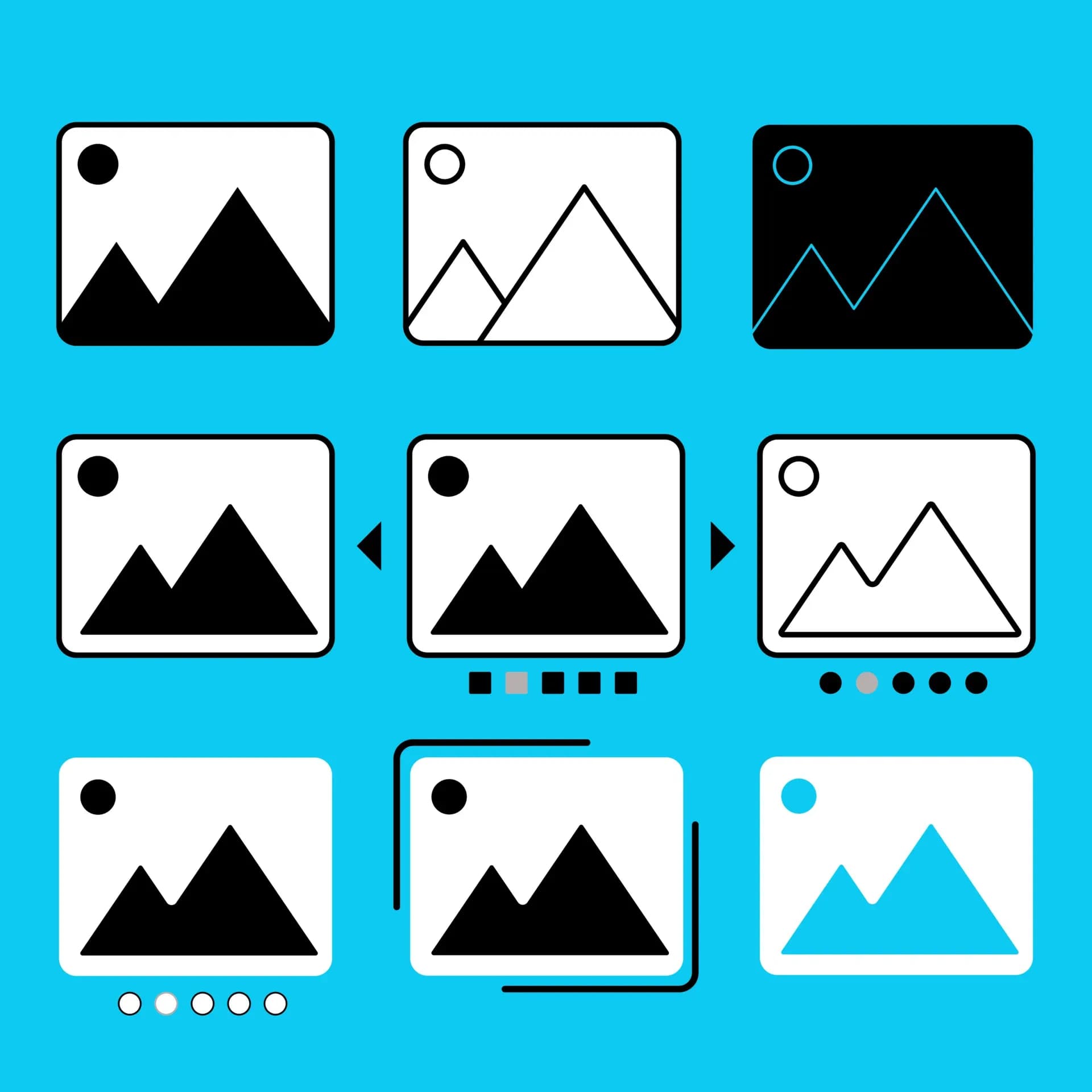 Vários placeholders de imagem em estilos diferentes sobre fundo azul
