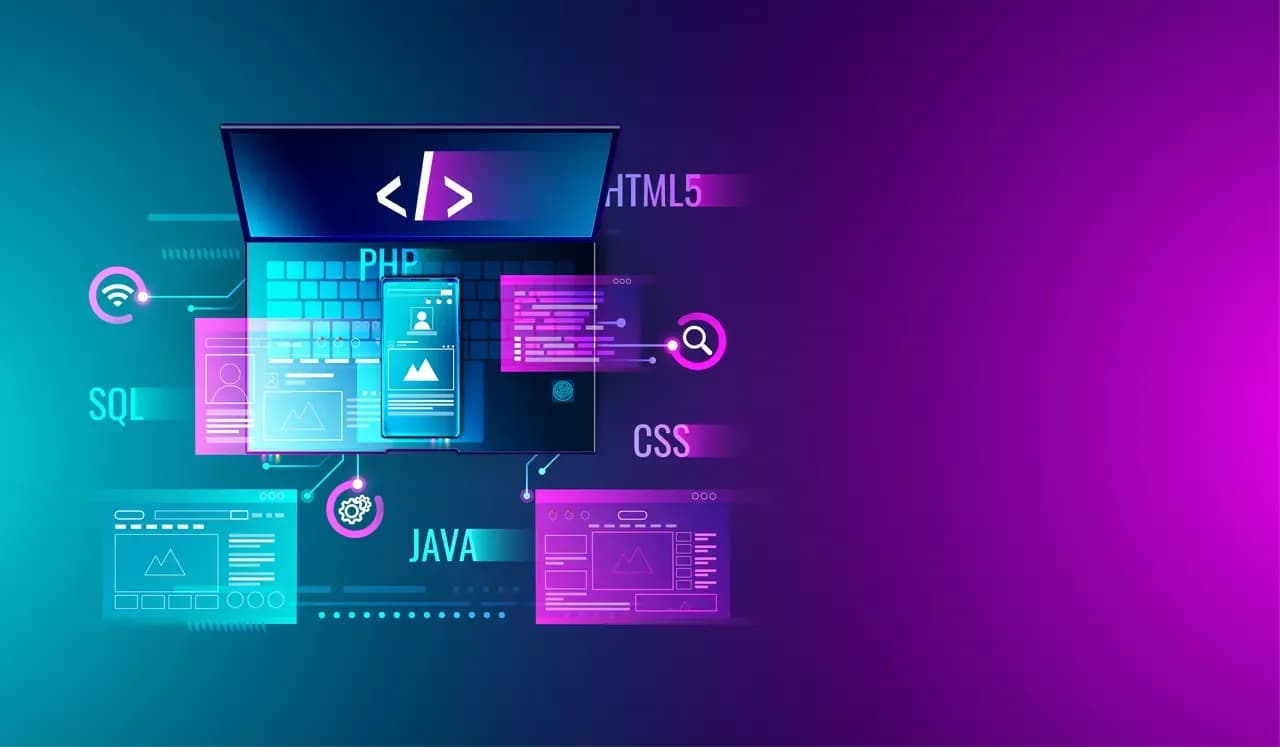 Ilustração de desenvolvimento full-stack com notebook, celular e linguagens de programação em fundo neon