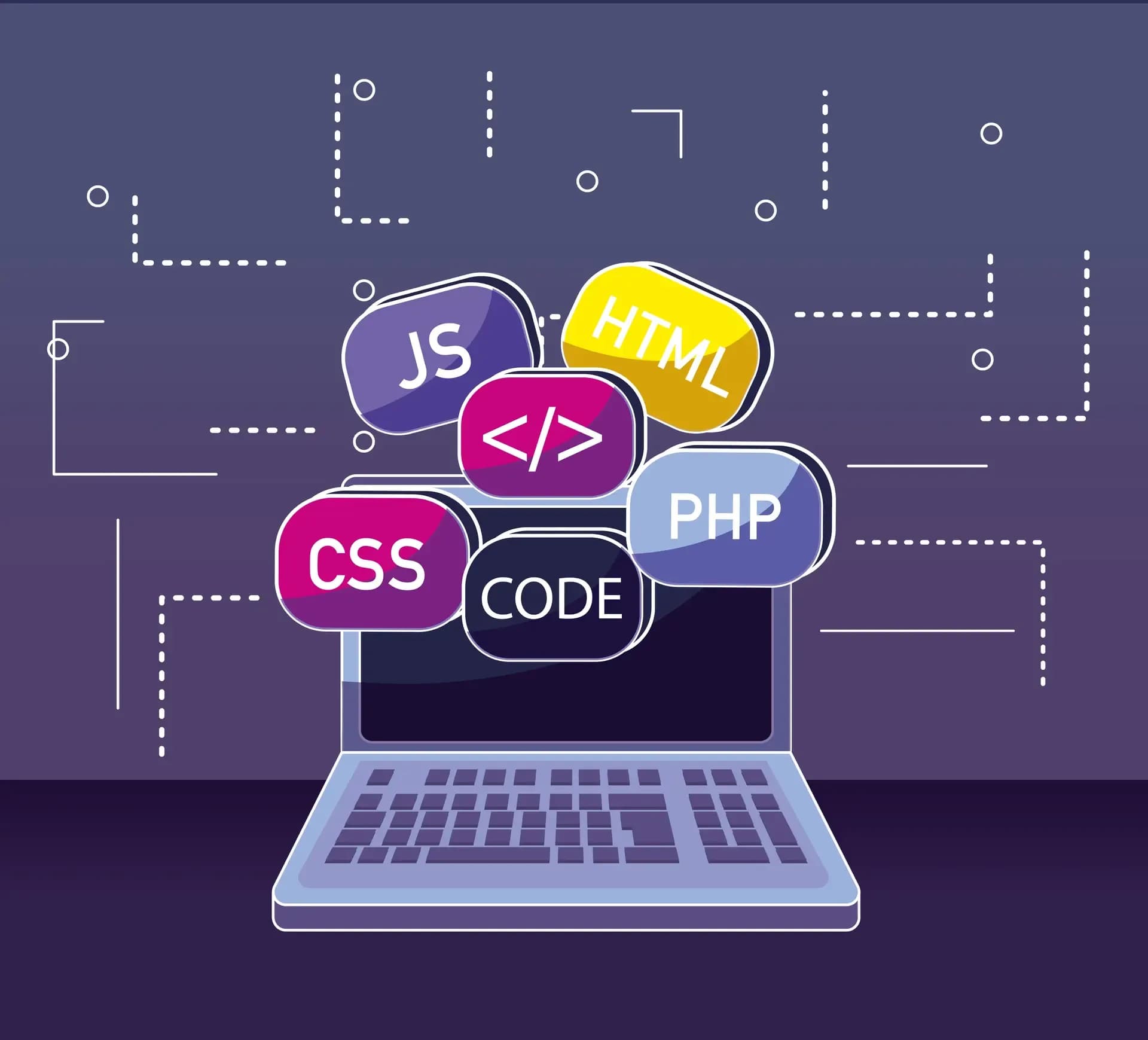 Notebook com ícones de linguagens de programação na tela