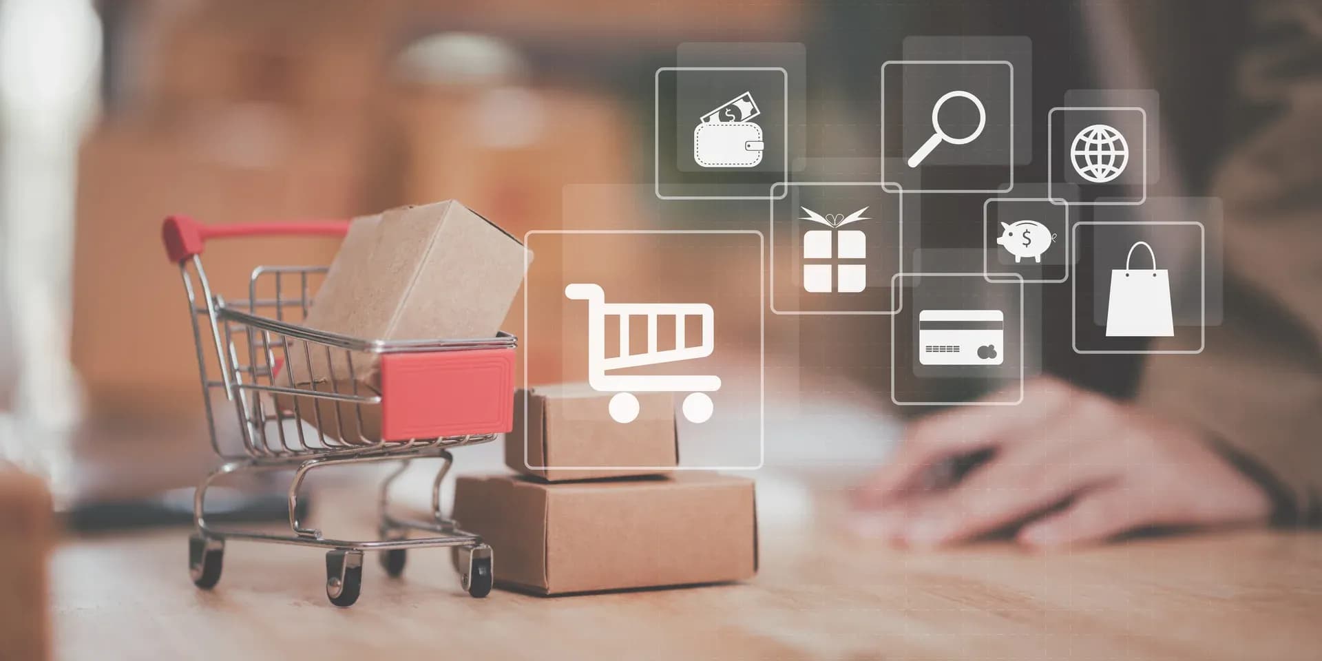 Carrinho de compras com caixas e ícones de e-commerce