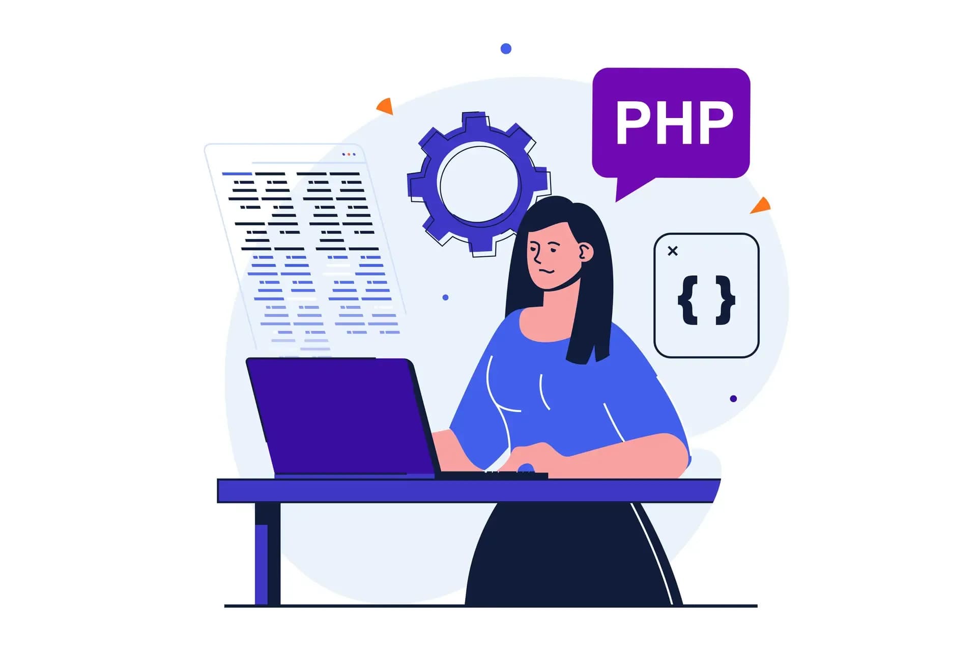 Pessoa programando em notebook com elementos visuais de código e PHP ao redor