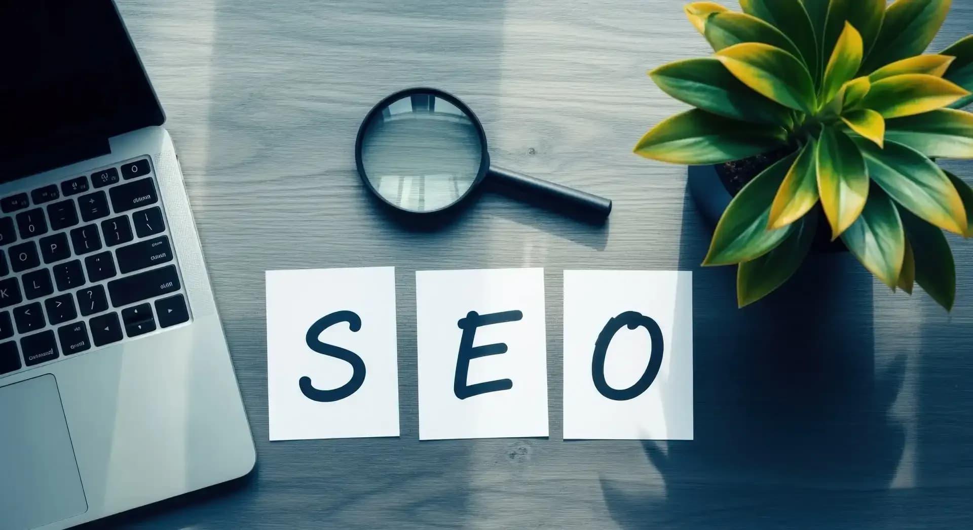 Notebook, lupa e cartões com a palavra SEO sobre uma mesa